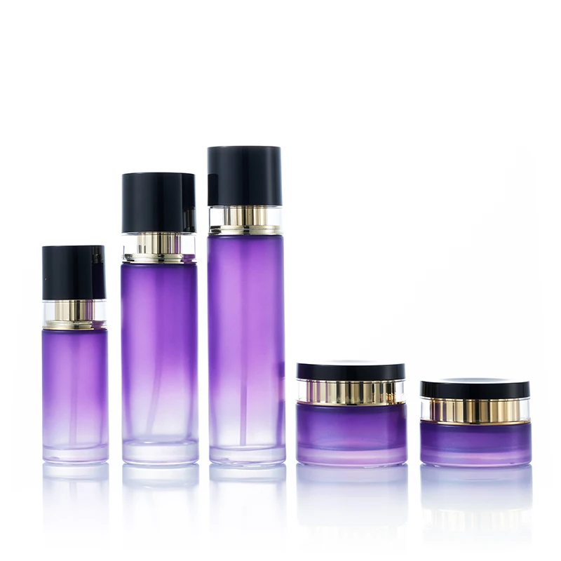 Luxury Glass Skincare Jar Packaging Deluxe Purple Frosted Glass Bottle Set For Cosmetic Lotion