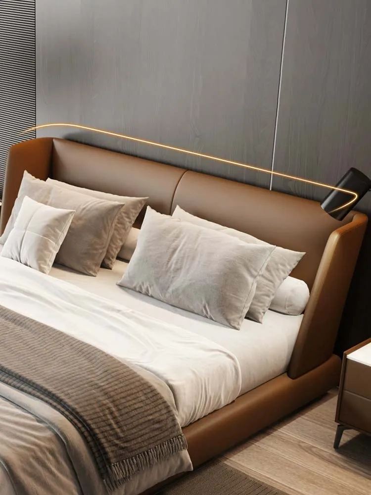 Luxury Bedroom Furniture Genuine Leather King Size Bed Modern Bed Home Queen Double Solid Wood Frame Bed