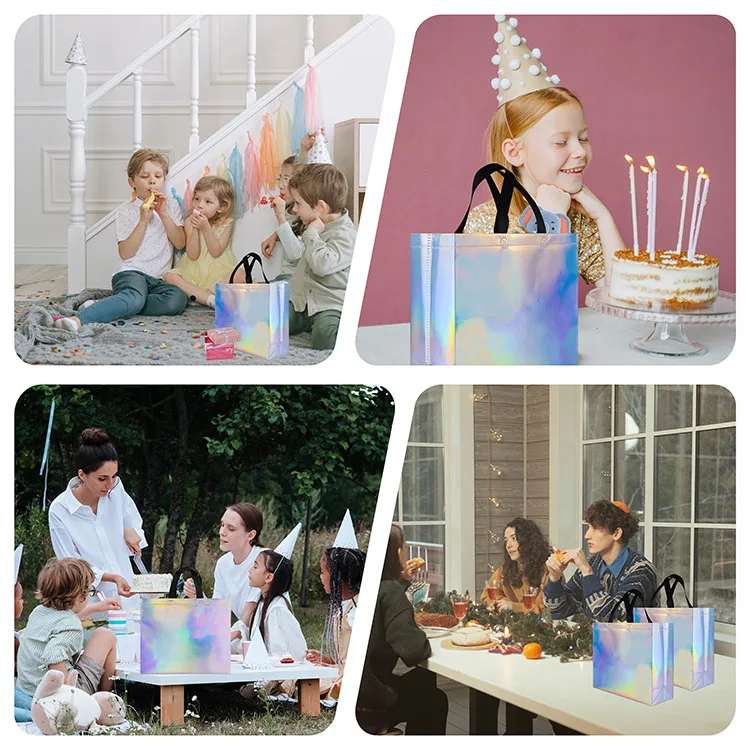 Custom reusable foldable custom logo non woven tote bag Multicolor Small Gift Bags Glossy Hologram Goodie Bags