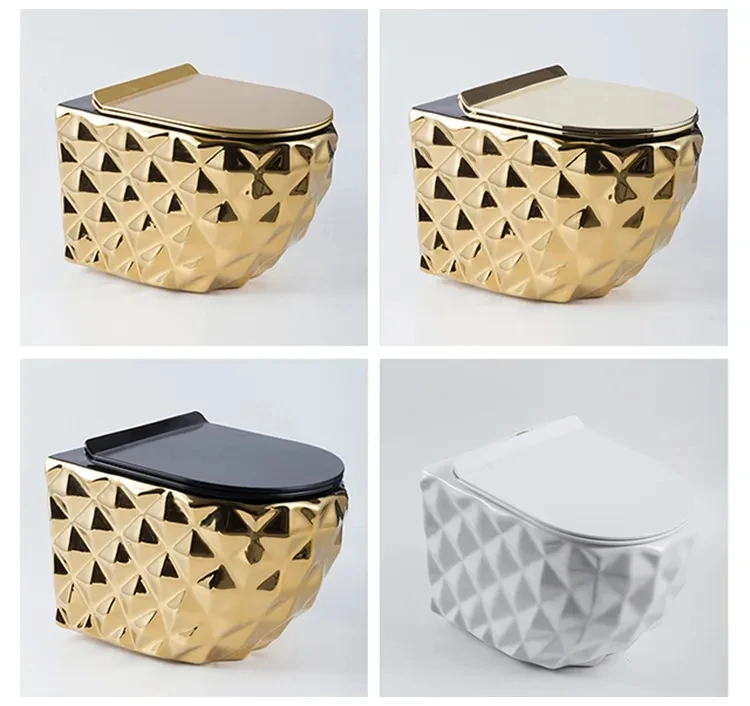 Sanitary Ware Plated Wall Hung Bathroom Toilet And Sink Set Gold One Piece Ceramic Round Wall Mounted Toilet Suite