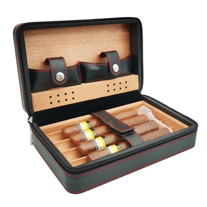 Leather Cigar Humidor Box Travel Portable Cedar Wood Cigar Case 4 Holder Cigar Box W/ Humidifier Hygrometer