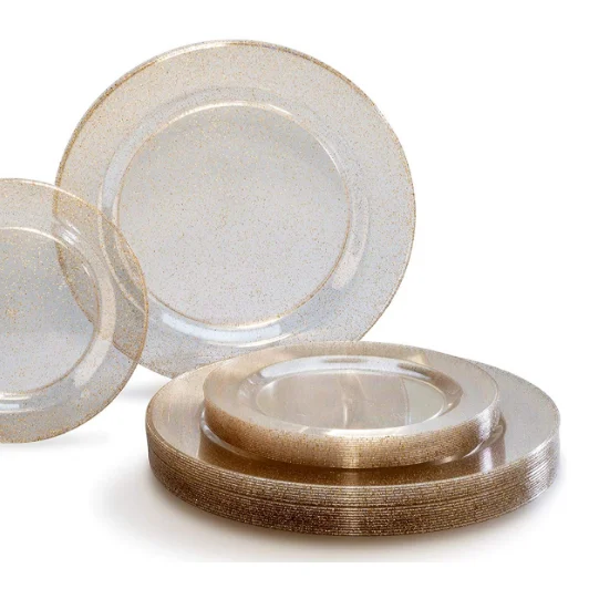 
christmas disposable gold glitter plastic party plates cake dishes in rose and silver 