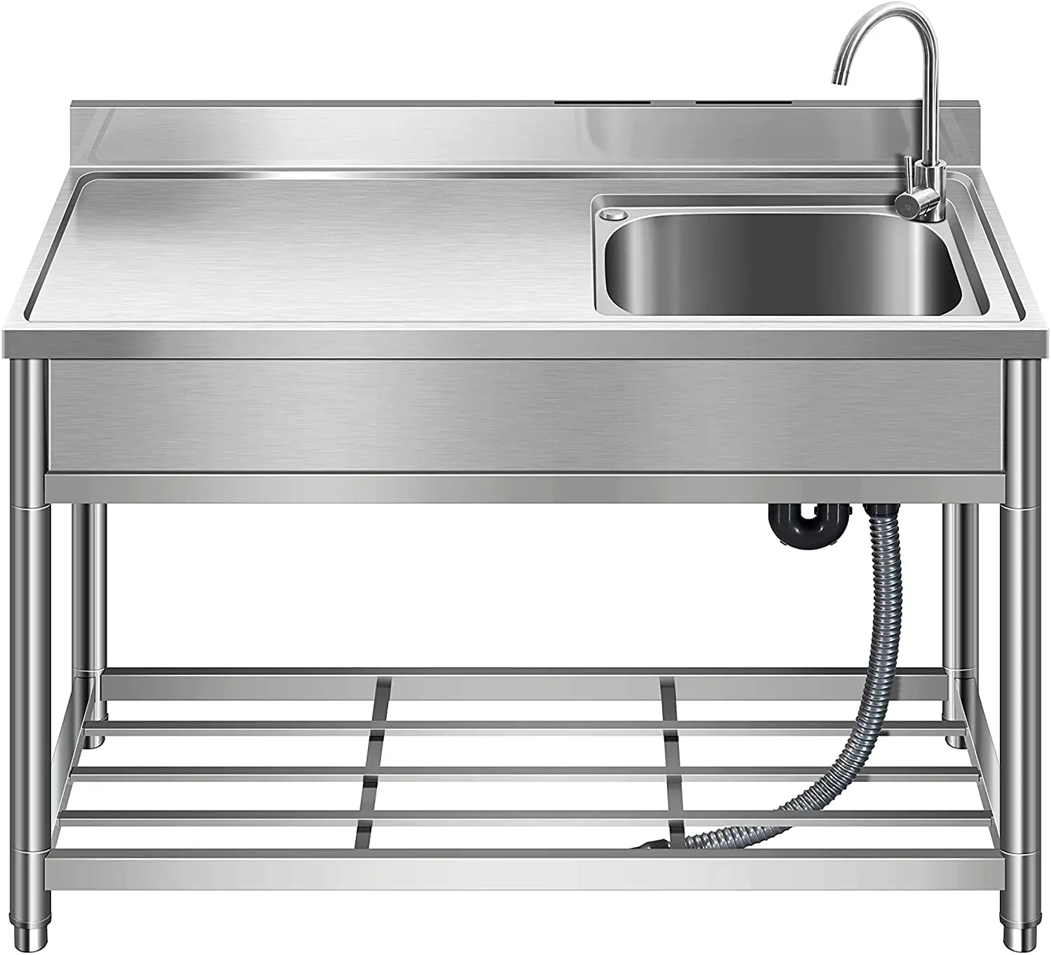 Free Standing Stainless-Steel Single Bowl Restaurant Kitchen Sink Set w/Faucet Drainboard Hand Basin w/Workbench Storage Shelves