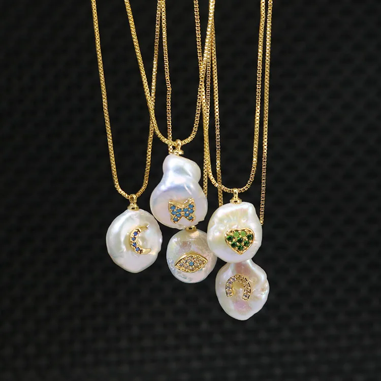 NZ1066 Chic Dainty CZ Micro Pave Crescent Horseshoe Heart Natural Freshwater Pearl Pendant Necklace