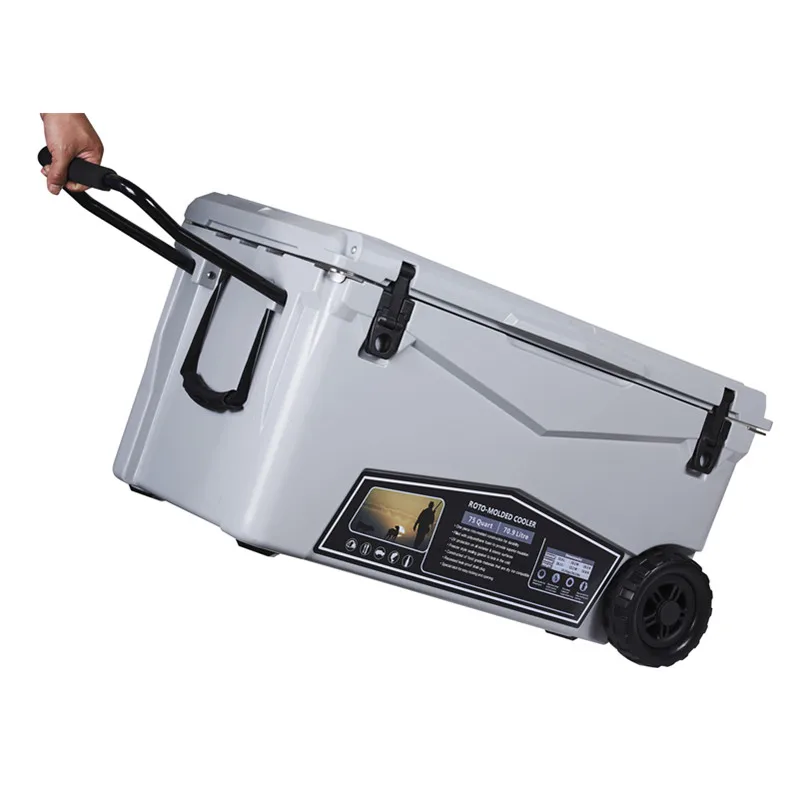 new design 70qt with wheels camping and fishing water rotomolded ice chest cooler box, cool box with bottle opener