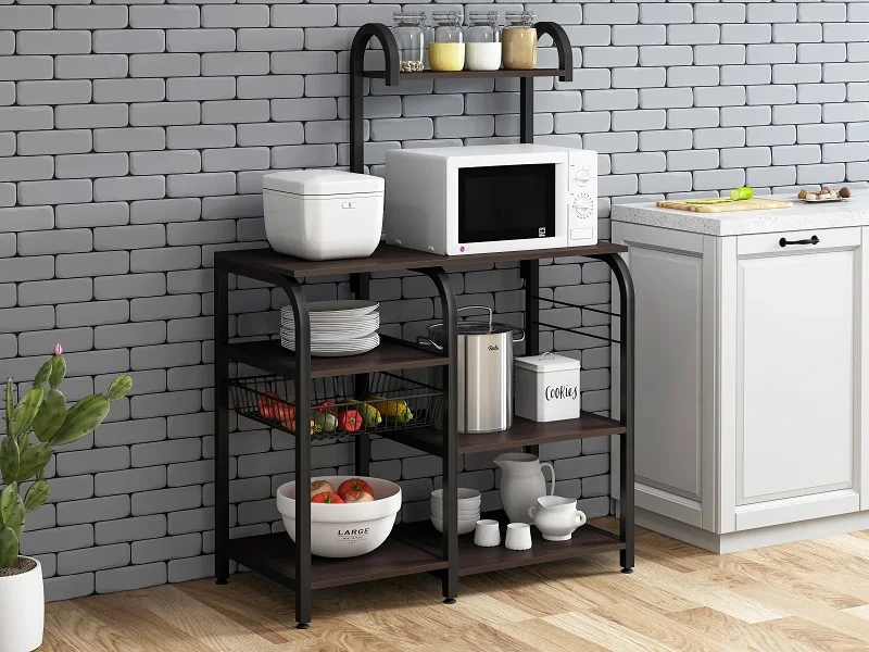 
Wooden small stainless steel MDF Microwave oven kitchen shelf rack storage organizer Bakers Rack in the kitchen 