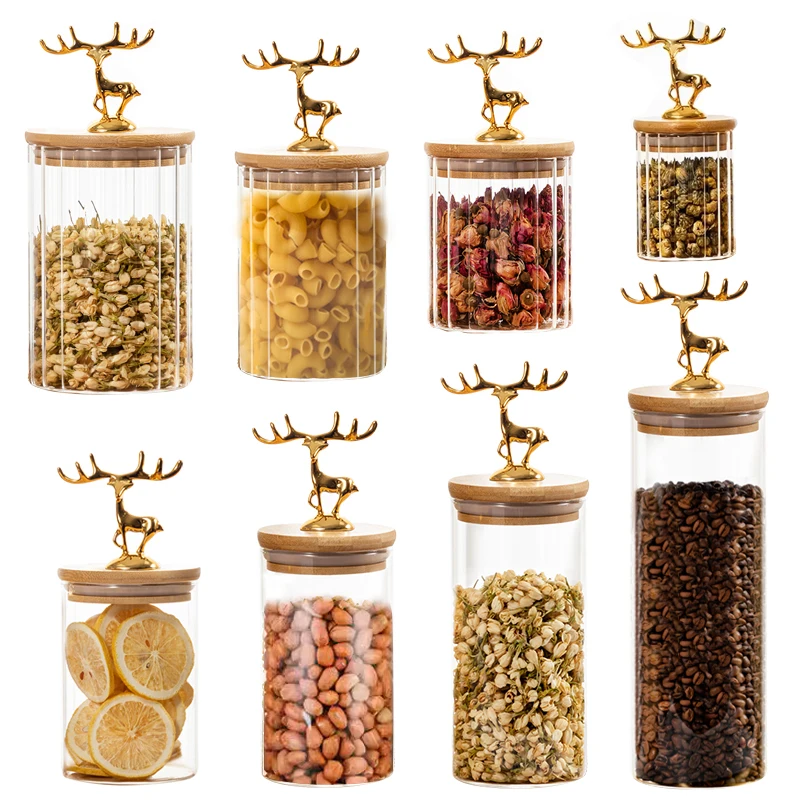 Wholesale High Borosilicate Glass with Bamboo Wood Lid with Elk Decoration Glass Jar Food Storage Glass Bottle Spice Storage