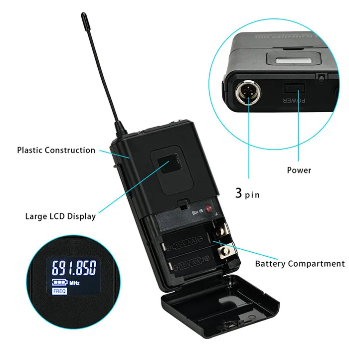 TKG 650-690MHz UR-2000-L dual channel outdoor wireless lavalier wireless lapel microphone