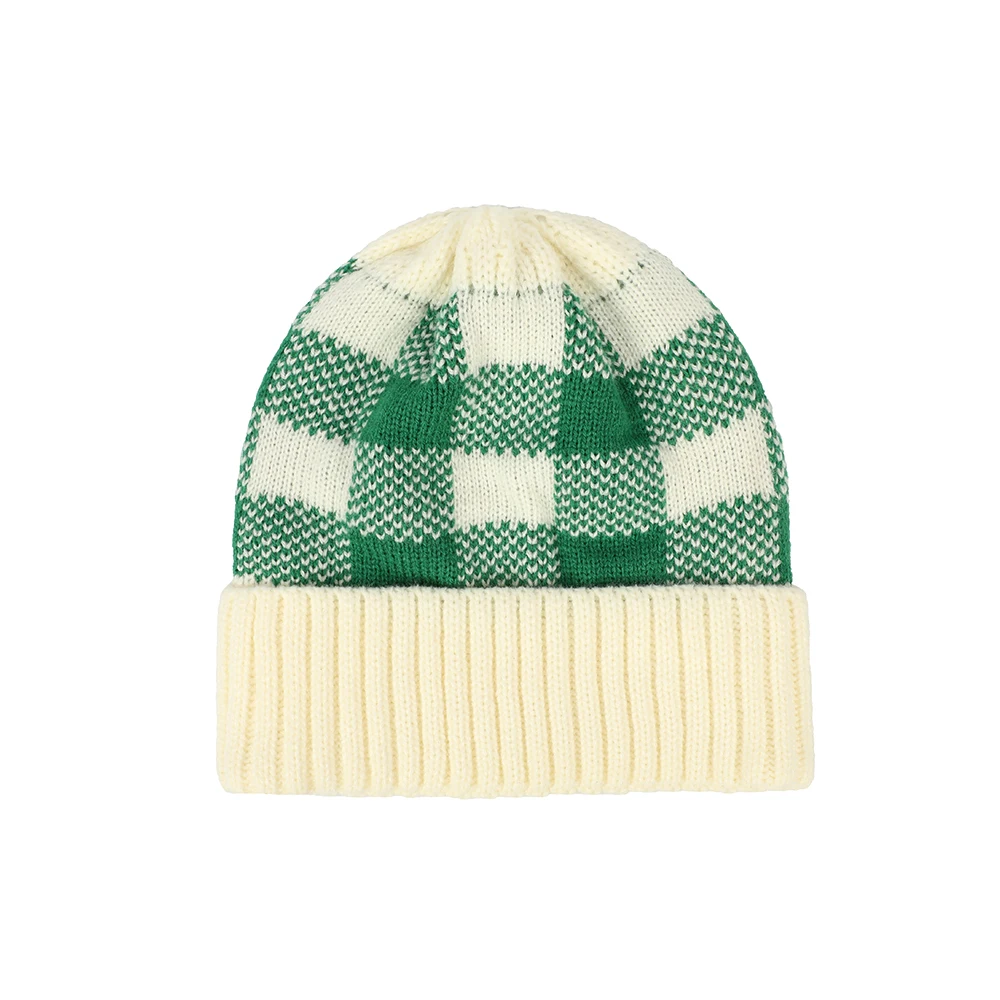Factory Supply Wholesale Price Kids Winter Acrylic Soft And Warm Rolled Cuff Green Grid Beanie Hat Cap Knitted Hat