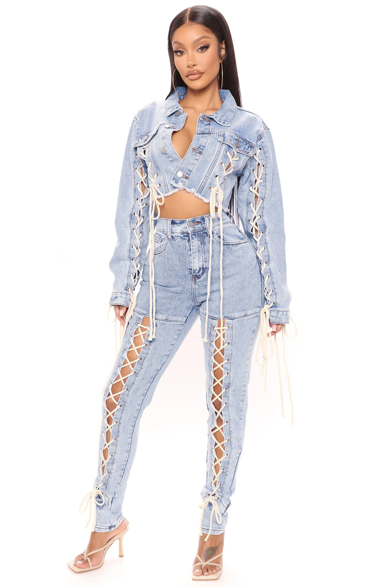 H9834 new ladies trending long sleeve strap casual denim jean jacket