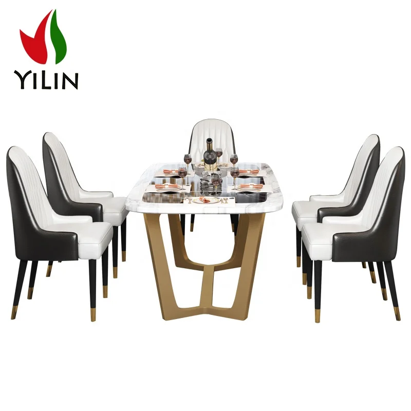 European Design Modern Stainless Steel Base Luxury Home Dining Room Rectangle Shape Marble Dinning Table
