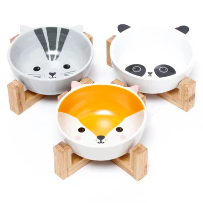 Ceramic pet bowl bamboo wooden frame matching dog bowl carton ceramic cat bowls