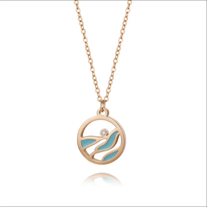 Ladies Fashion Stainless Steel 03 Flattened Cross Chain Hollow pendant Lobster clasp Wave Real Diamond Necklace