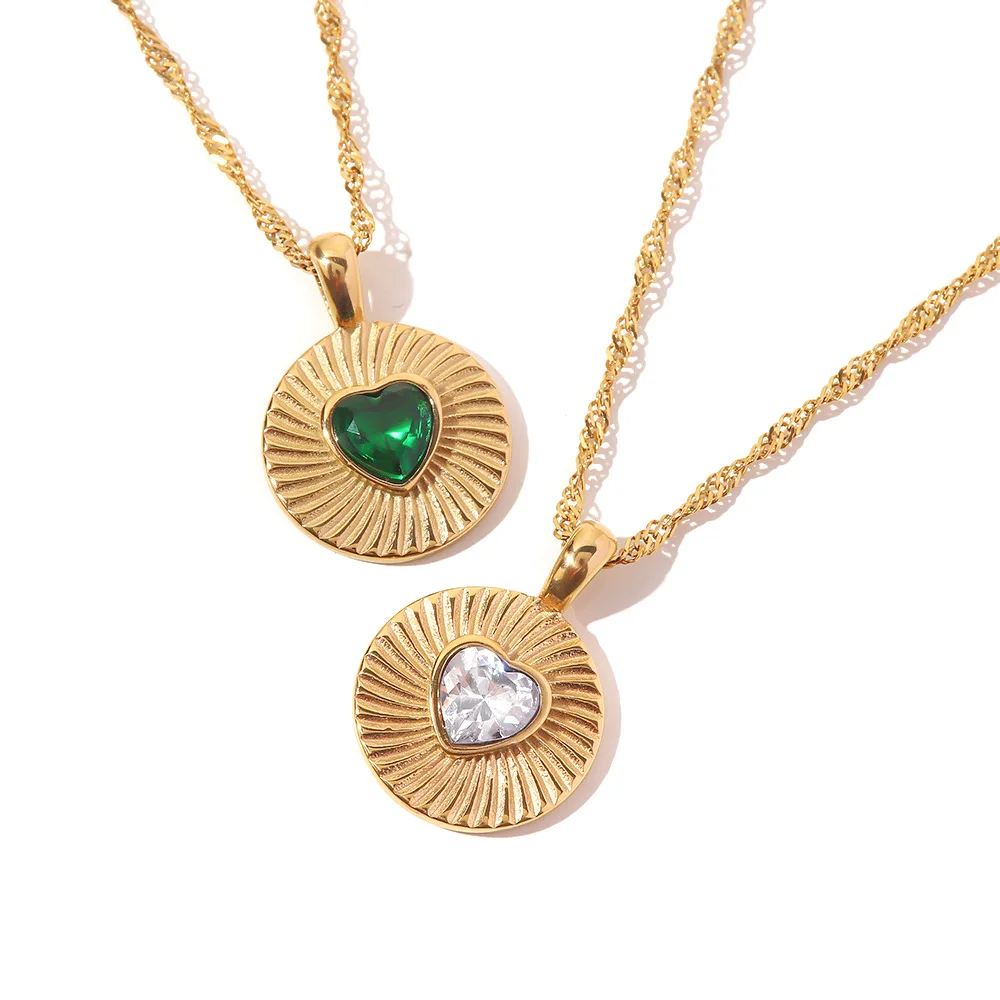 Fashion Heart Zircon Necklace Stainless Steel Coin Paved Emerald Zircon Heart Pendant Necklace