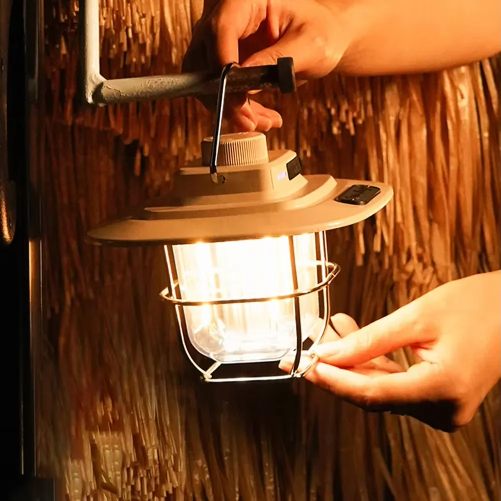 LED Decorative Hanging Lights Retro Waterproof Battery Indicator Hook Dimmable Emergency Camping Tent Light Outdoor Equipment
