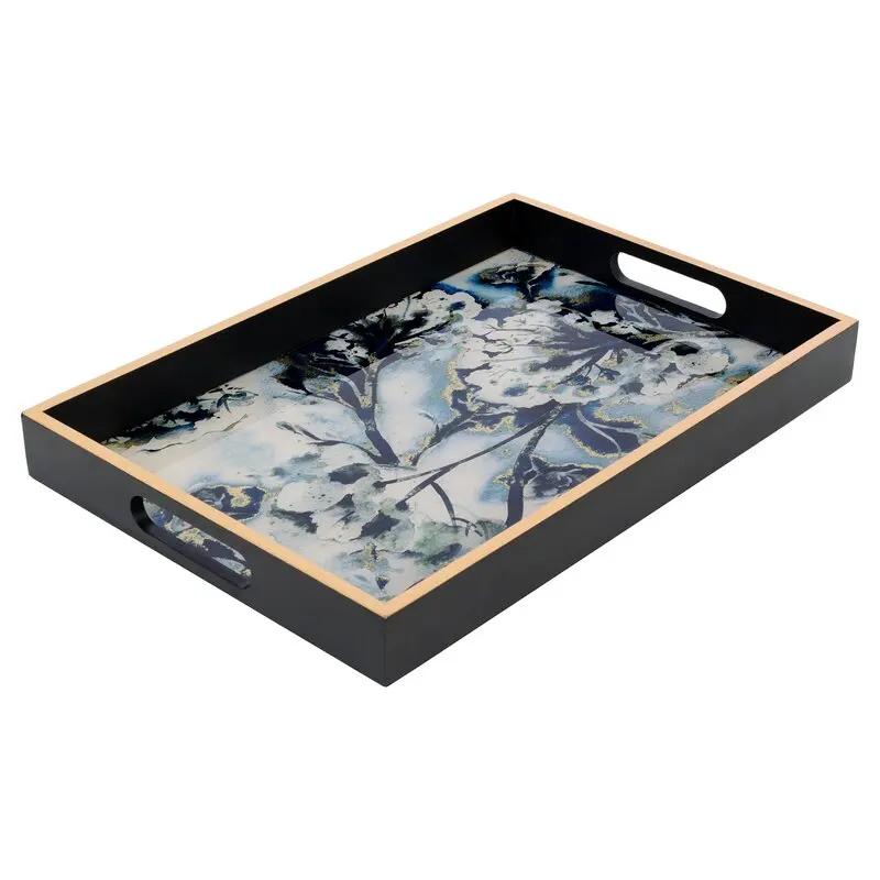 Classic and elegant Wooden Frame Serving Tray With UV Glass Print Oil Painting Flowers Home Breakfast Tray