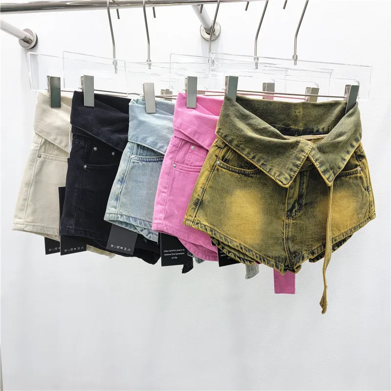 2024 Spring New Fashion Denim Shorts High Waist Cuffs Wide Leg Washed With Belt Female Super Short Jeans
