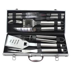 10 шт. набор из нержавеющей стали для барбекю, вилка, шпатель, щипцы, нож, чистящая щетка, вилка для стейка, нож для стейка и Открыватель в алюминиевом корпусе