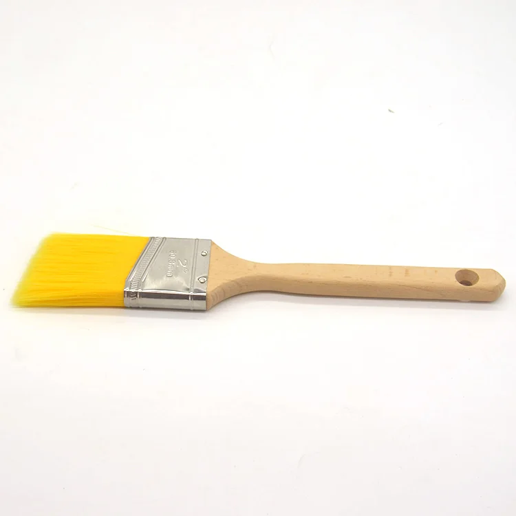 High Quality Yellow Wooden Long Handle PBT Synthetic Tapered Filament Angle Sash Paint Brushes
