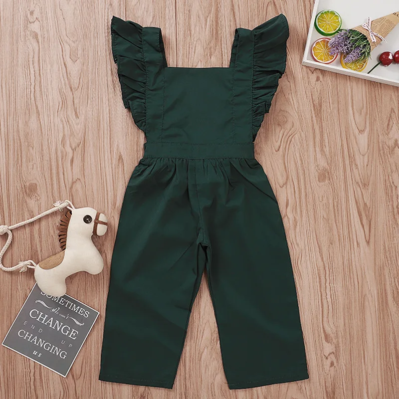 Wholesale Cheap 1-5 Years Old Kid Clothes Flying Sleeve Lotus Fold Solid Color Strap Girl Fashion Jumpsuit