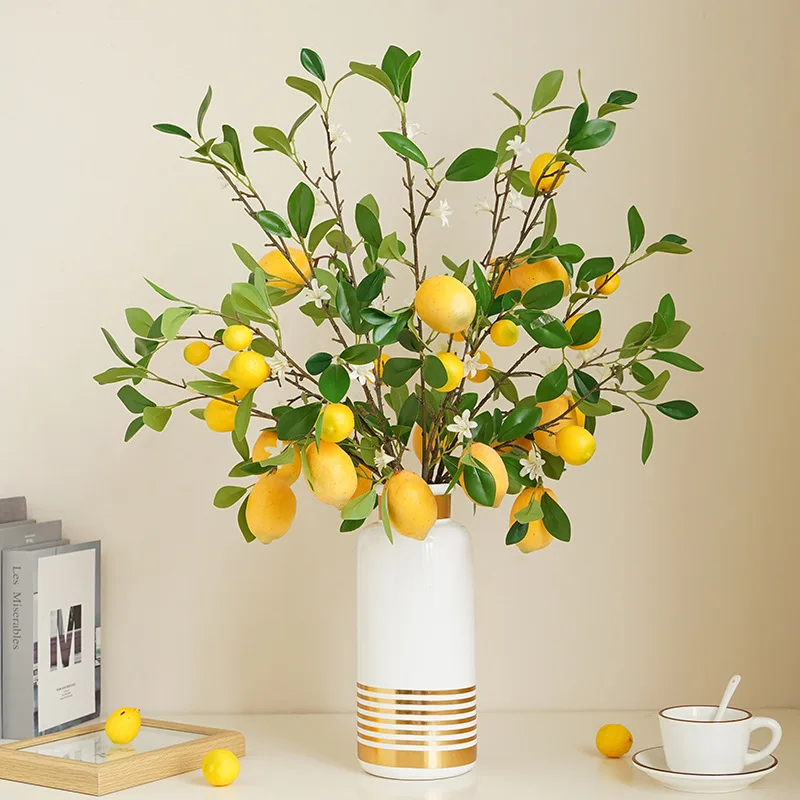 Interior Decorative High Quality Faux Fruit Plant Handmade Long Stem Yellow Foam Artificial Lemon Branches
