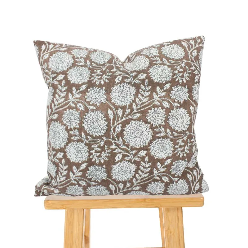 Designer Brown Floral Linen Pillow Cover, Brown Handblock Pillow Cushion Cover/