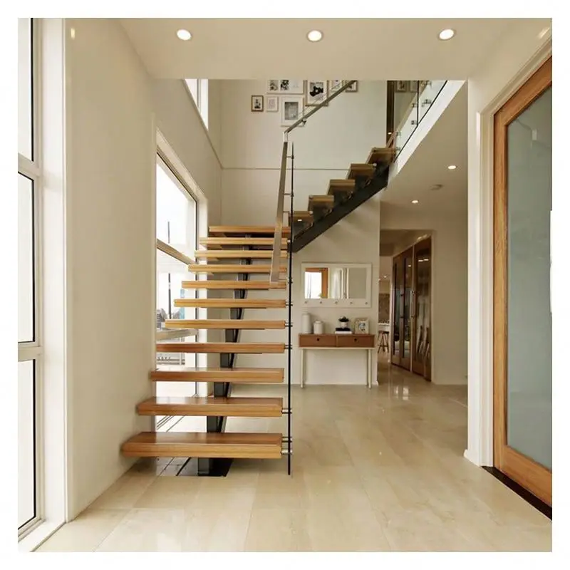 Alucasa Australian Style Indoor Glass Wood Staircase Floating Straight Stairs with Led Tread