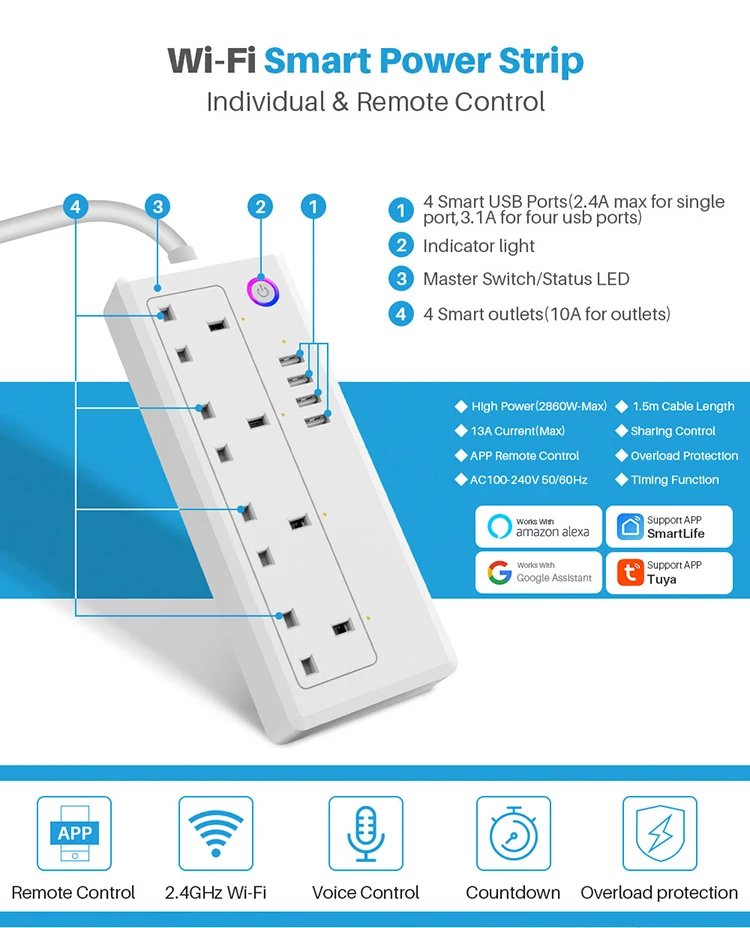 UK WiFi Tuya Smart Power Strip With 4 AC Socket 4 USB Port Timing Voice Control Smart Power Strip Tuya Smart Power Socket
