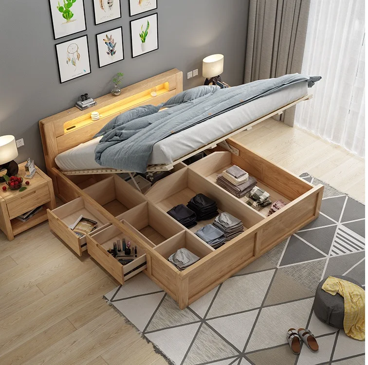 Frame Structure Modern Design Double Wooden Bed Frame Furniture Modern Beds With Storage