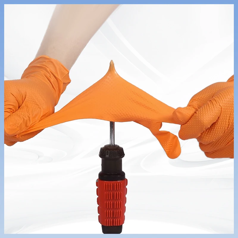 Manufacturers Beauty Salon Orange 100pcs Nitrile Gloves Per Box Powder Free Synthetic Diamond Textured Nitrile Gloves