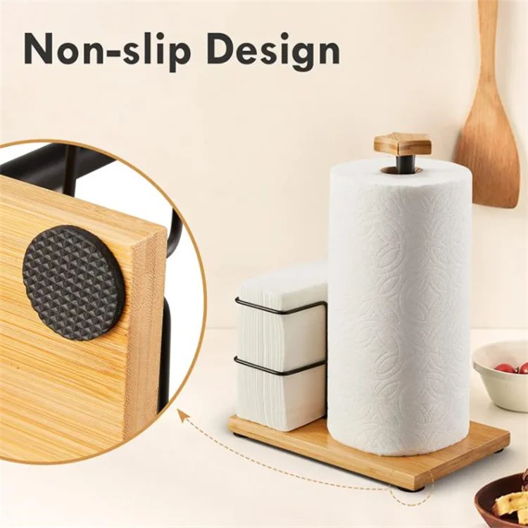 2-in-1 Paper Towel Holder Countertop Napkin Rack Kitchen Rolls Holder Stand with Wood Base