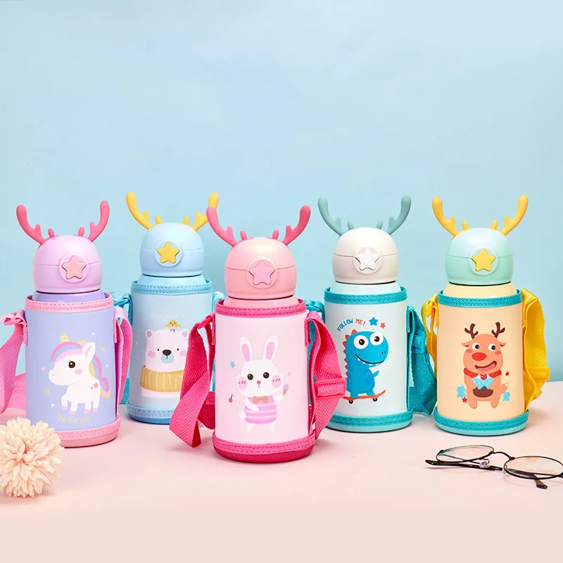 Seaygift Creative student cartoon one cup two lids stainless steel thermos water bottle kids vacuum insulated cups with sleeve