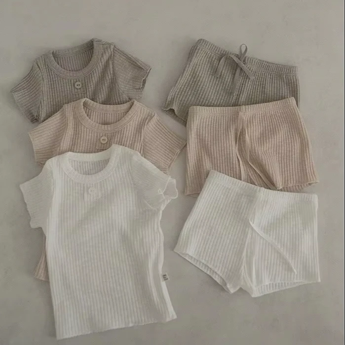 Wholesale Newborn Summer Baby 2pcs Set Kids Thin Cotton Breathable Short Sleeve Ribbed T shirts+Shorts Blank Plain Clothes Suit