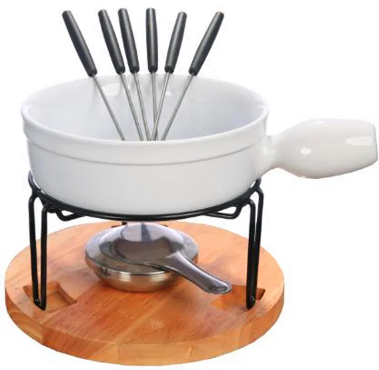 Cheese Melting Pot White Ceramic Fondue Set with carbon steel Holder
