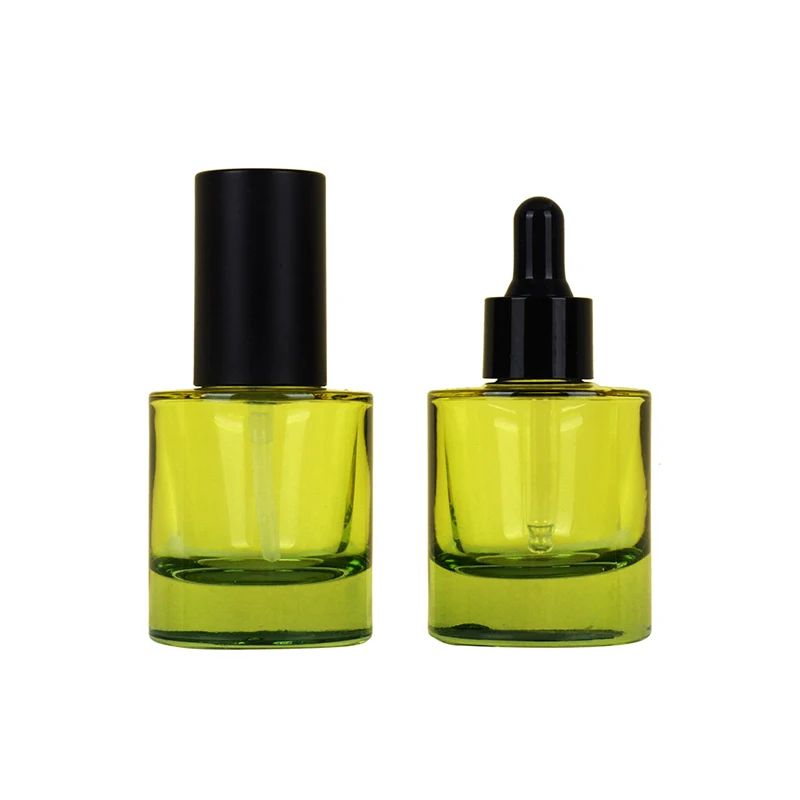 Green 30ml Flat Shoulder Thick Bottom Glass Essence Dropper Bottle Essential Oil Lotion Press Bottles Dual-use burette and pump