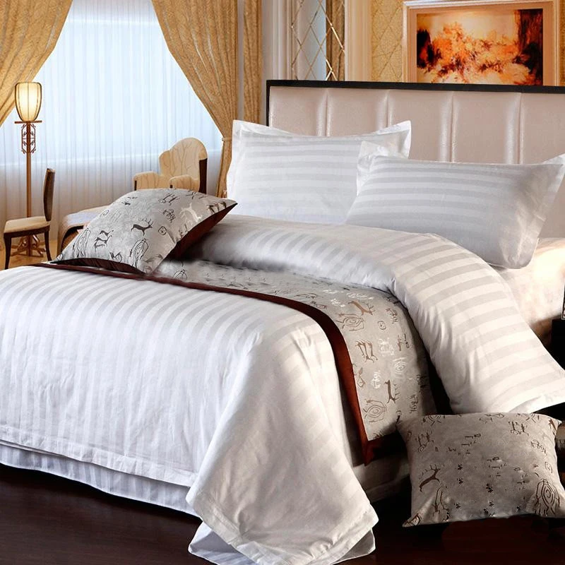 Customized Logo 100% Egyptian Cotton 3cm Striped White Bedding Duvet Cover Set Bed Linen Hotel Bedding Set