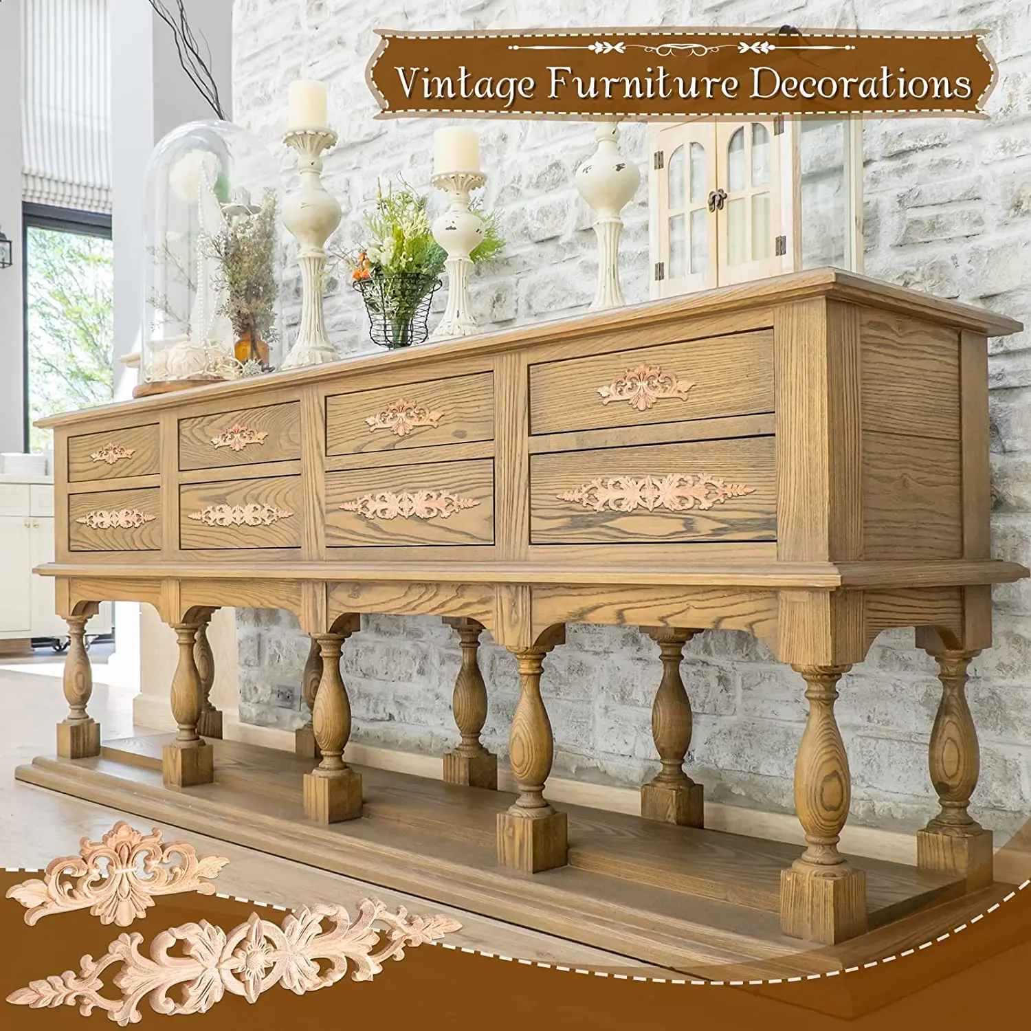 Wood Appliques Onlays Carved Long Decorative Wood Applique Trim Wooden Decal Corner Frame for Furniture Cabinet Dresser Bed Wall