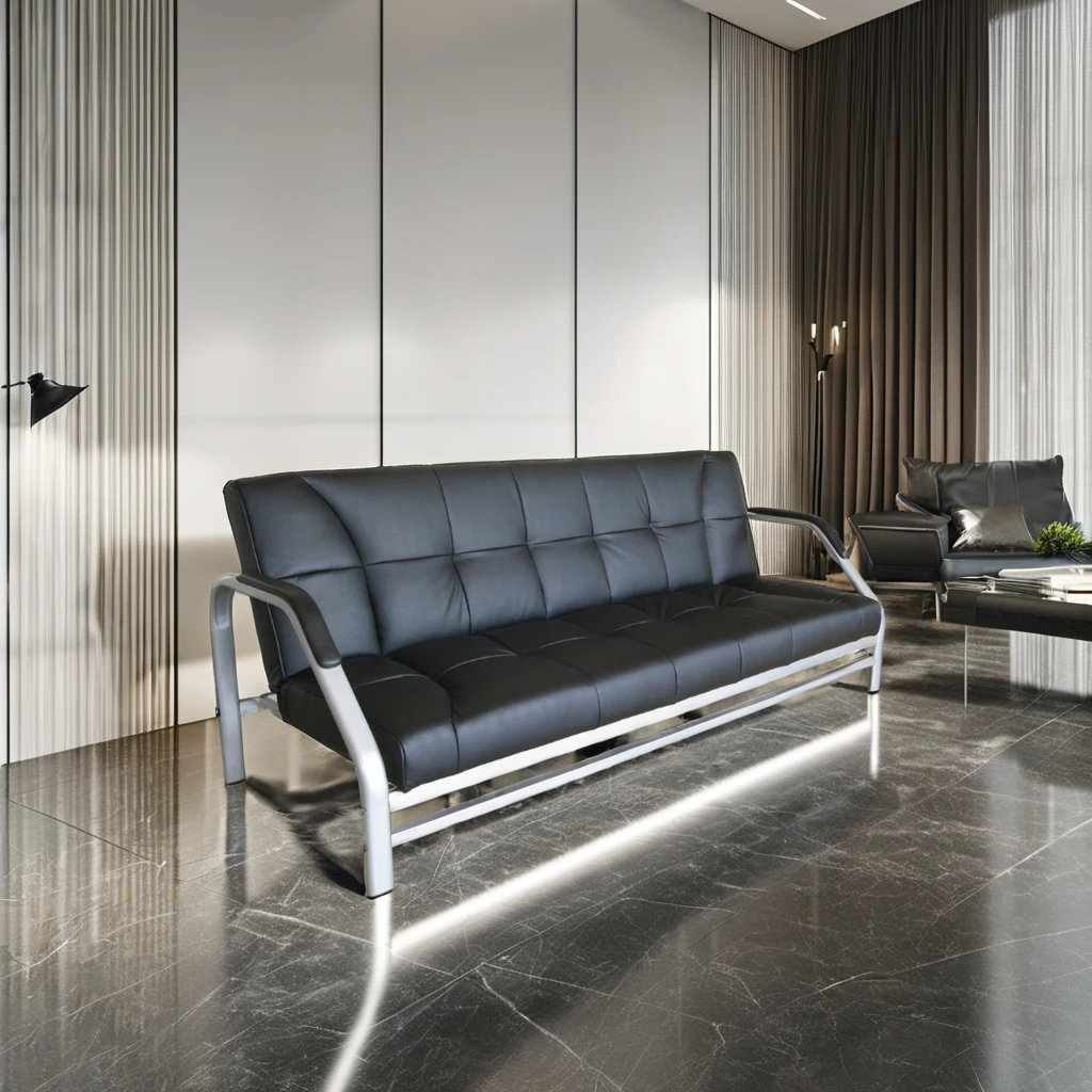 Office Furniture Leather Cover Flat Pack Folding Futon High Quality Big Size Metal Arms Sofa Cum Bed Design For Apartment School