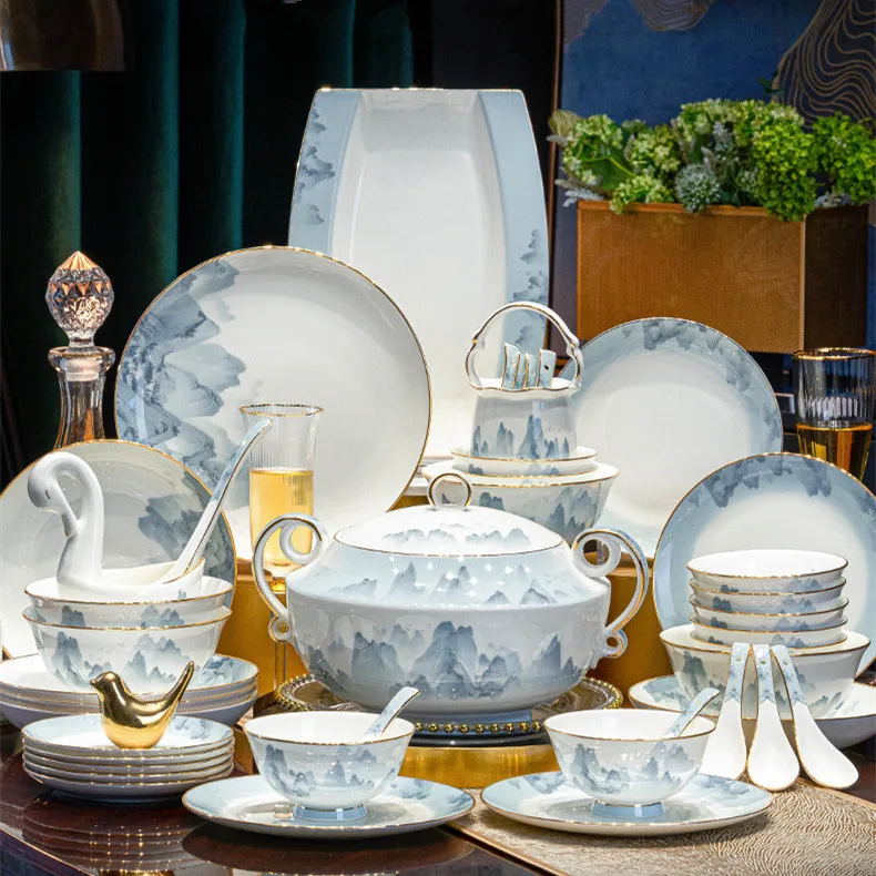 Luxury Tableware Set Gold Rim Bone China Ceramic Plates Soup Bowls Dinner Set Royal Porcelain Dinnerware Sets
