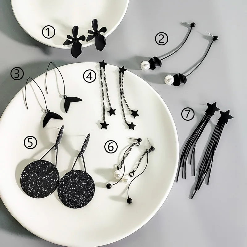 Popular Black Series Mix Design Earrings Vintage Personality Simple Pearl Geometry Pendant Earring For Women Girls