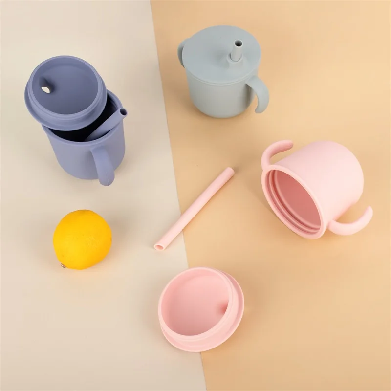 Baby Straw Cup With Spoon Silicone Training Cup with Straw Lid Baby Water Drinking Baby Led Weaning Sippy Cup for Kids