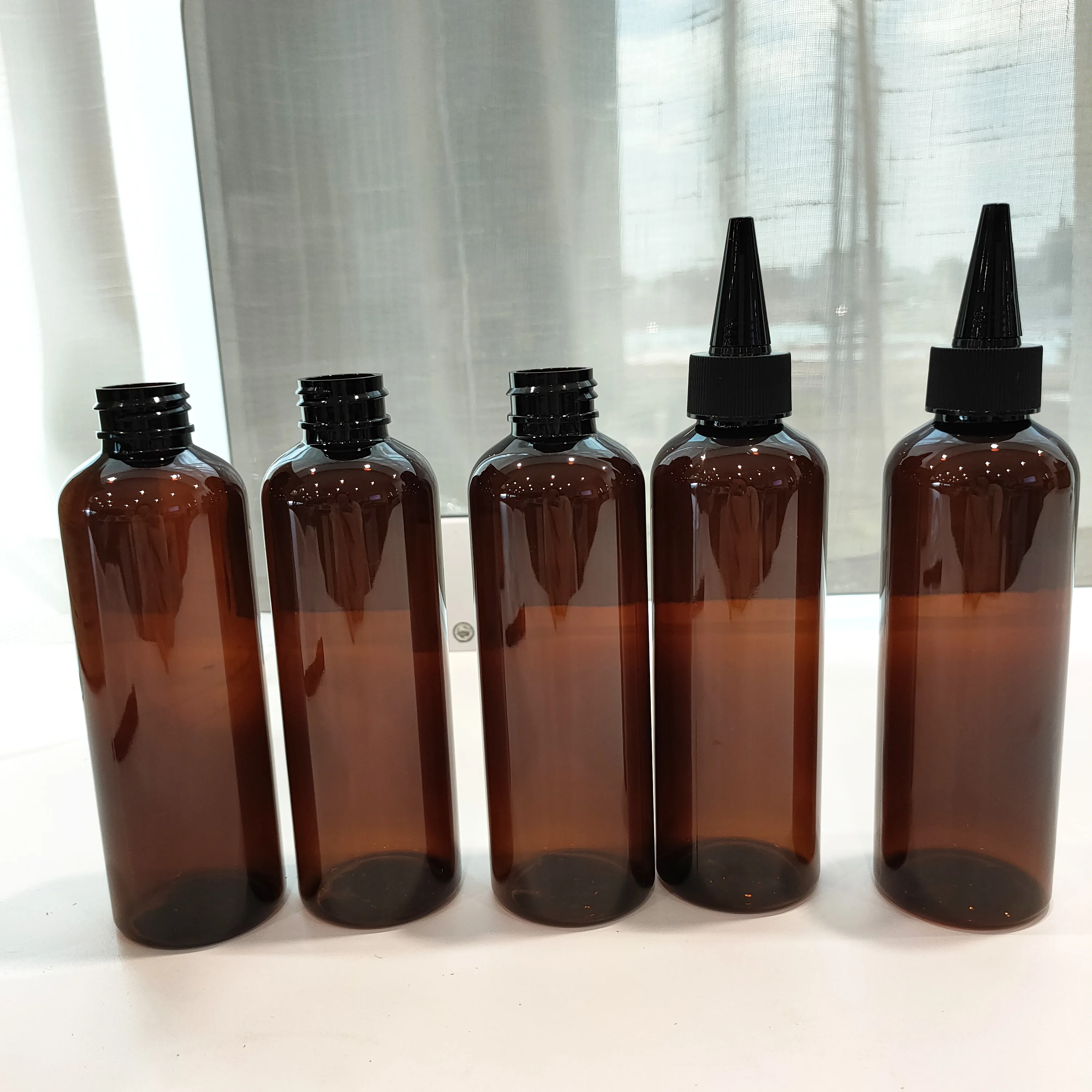 Cosmo Round 8oz 12oz 16oz ПЭТ пластиковые янтарные черные бутылки с маслом для волос крышкой