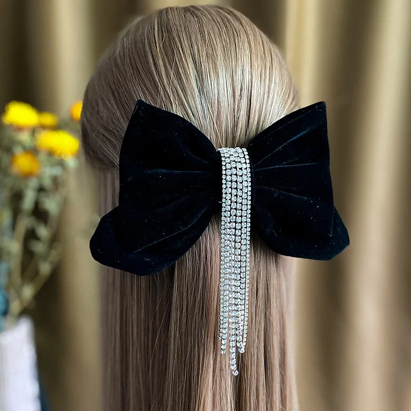 Women Girls Wedding Bride Hair Accessories Red Velvet Bow Clip Rhinestone Chain Tassel Hair Bows