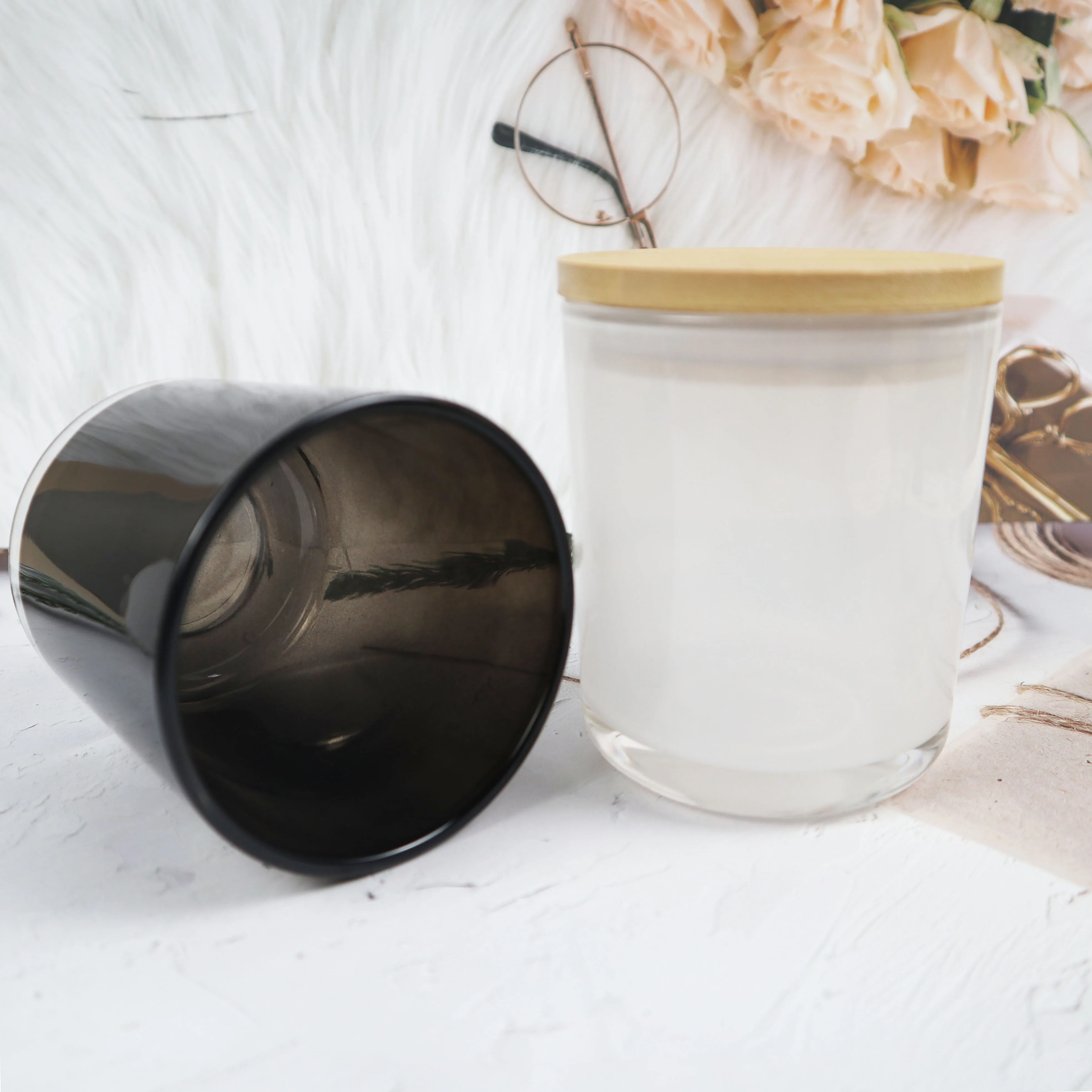 Wholesale Color Plating Glass Container 12 OZ Empty Container Glass Candle Jar with Lid