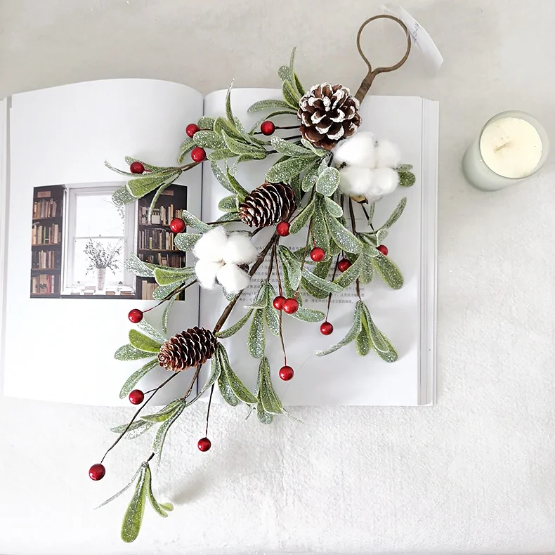 Artificial Christmas swag plastic glitter eucalyptus leaves tear drop swag with cotton