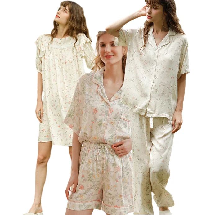 Wholesale Summer Spring 2 Piece Printed Floral Pajamas Women Nightgown Cotton Rayon Sleepwear