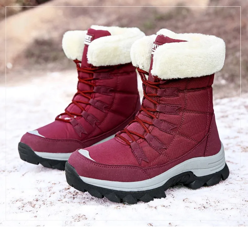 New Style Solid Color Plush Warm Waterproof Snow Boots Fashion Lace Up Outdoor Casual Winter Boots For Women