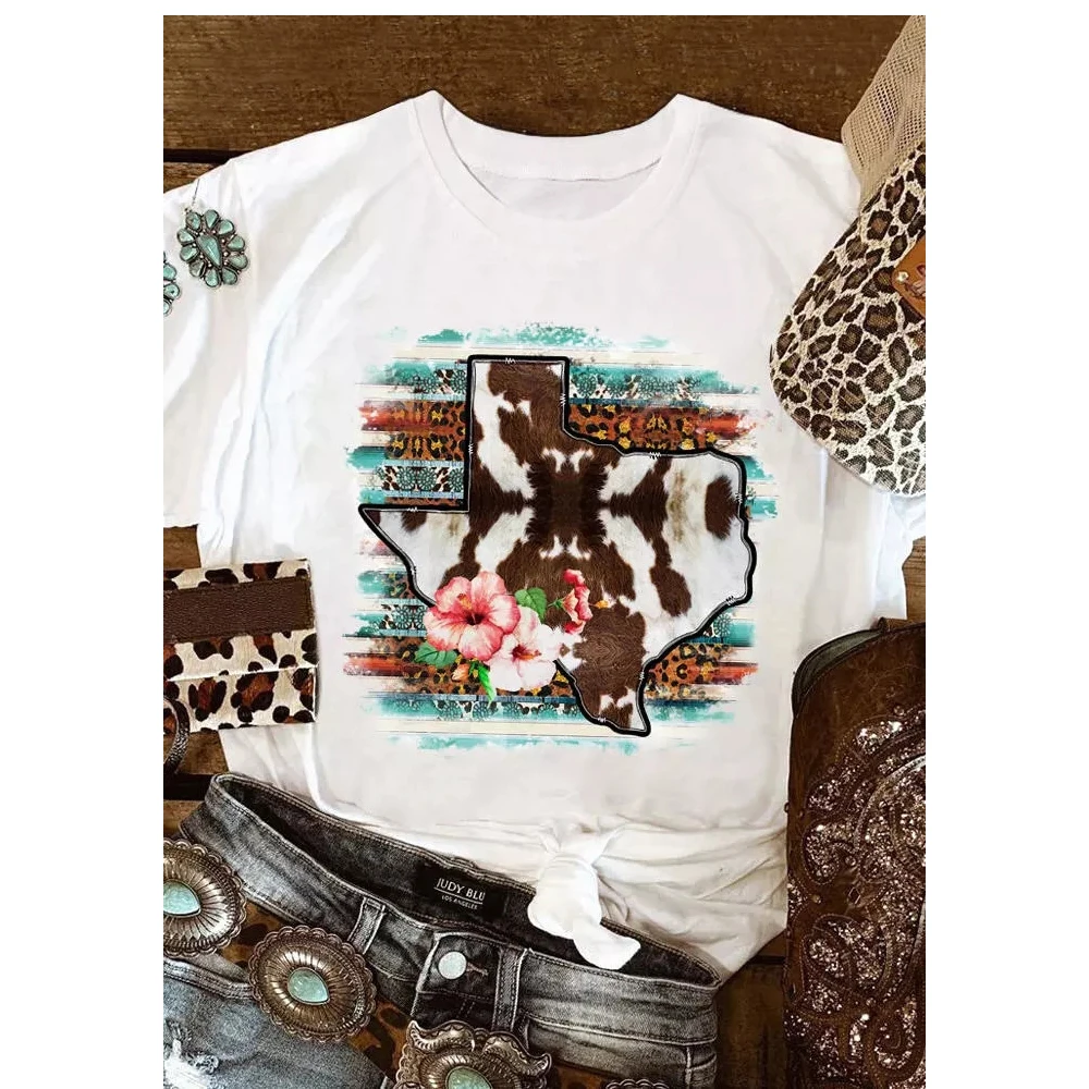 Wholesale Customized Ebay Amazon Wish Cowhide Texas Map Leopard Flower Western T-Shirt Tee
