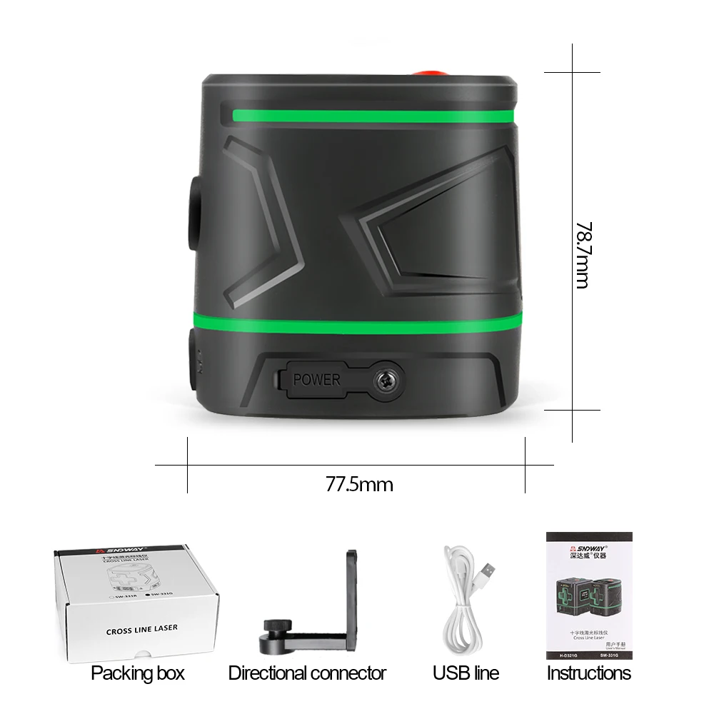 Лазерный уровень SNDWAY с 2 линиями и перезаряжаемой батареей на 360 градусов, зеленый луч, самонивелирующийся лазерный 3D поворотный вертикальный горизонтальный уровень