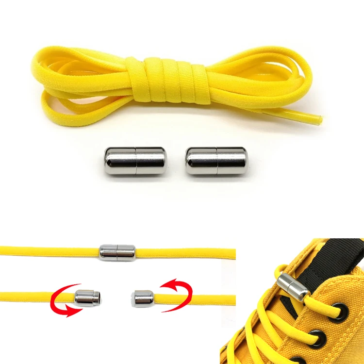 Custom Premium 5mm Oval Bright Yellow No Tie Shoe Laces , 21 Colors Metal Screw Lock Elastic Shoelaces for Adults, Kids, Elderly